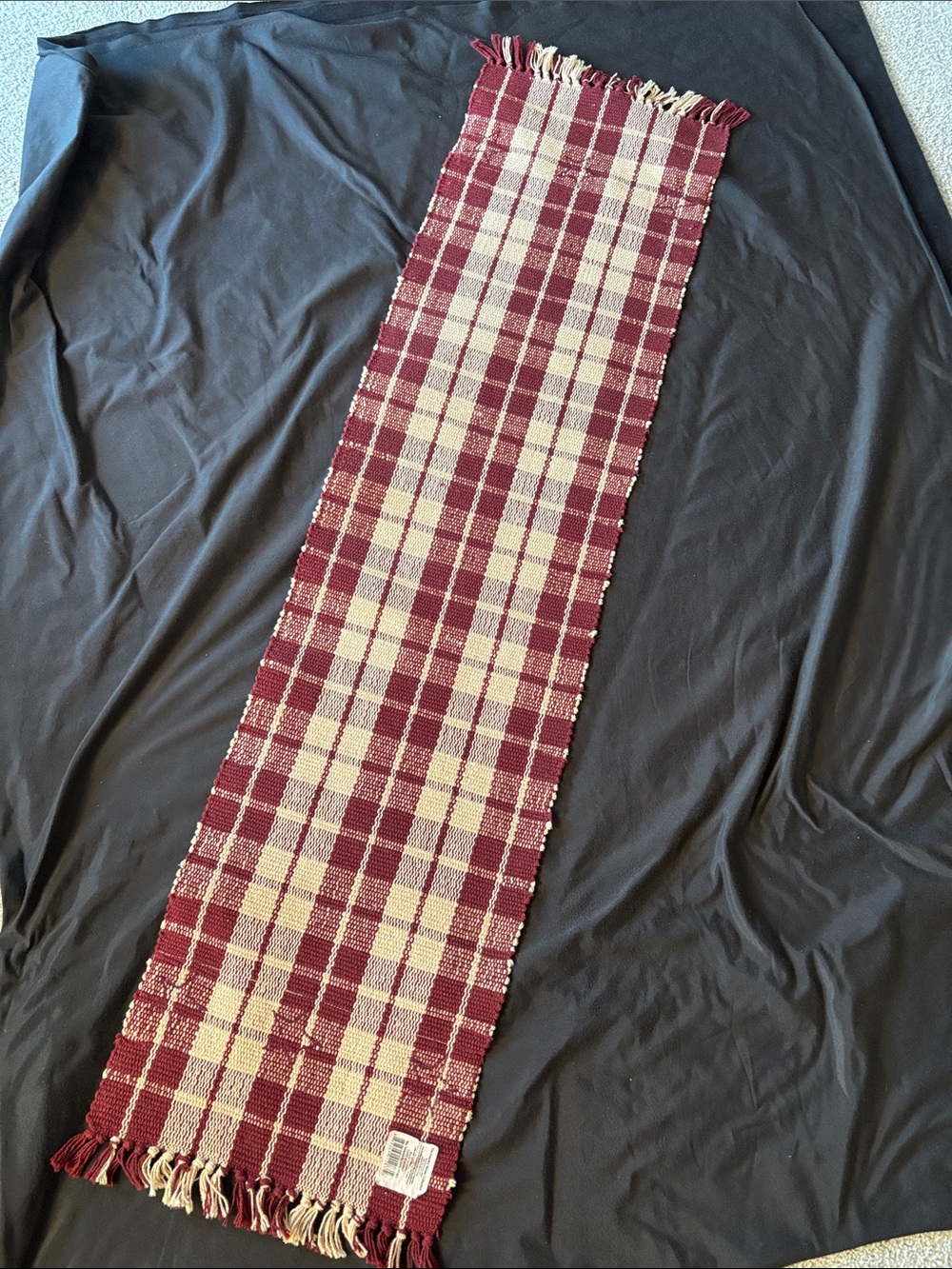 Table Runner- Burgundy and Cream Woven Plaid Runner with Star Applique - Picture 3 of 8